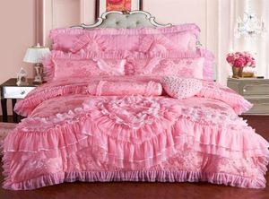 Pink Lace Princess Wedding Luxury Bedding Set King Queen Size Silk Cotton Stain Bed set Duvet Cover Bedspread Pillowcase T2003261411064