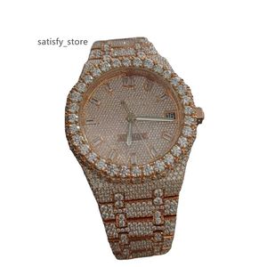 Round VVS1 Diamond Men Watch Rose Dial di rosa Oro inossidabile inossidabile inossidabile completamente ghiacciato per gli uomini