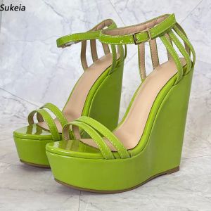 Sukeia Real Photos Women Platform Sandals Wedges Heels 둥근 발가락 아름다운 과일 녹색 파티 신발 여성 미국 플러스 사이즈 5-20