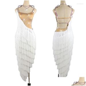 Stage Wear Latin Dance Dress White Fringe Women Competition Swing Skirt Rumba Dancing Costume Bl3139 Drop Delivery Apparel Dhtga