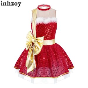 Dancewear Kids Girls Christmas Ballet Dance Tutu Dress Sleeveless Mesh Big Bowknot Sequin Leotard Dresses Xmas Party Mrs Santa Costumel2405