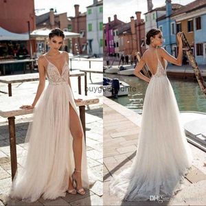 Benutzerdefinierte Hochzeitskleider Perlen sexy hohe Seite Spitzen -Spitzen -Spaghetti Rückenfreie Brautkleider Vestido de Novia