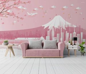 Tapeten Tapeten benutzerdefinierte nordische Cartoon Japan Fuji Berg Tapete für Kinderzimmer Pink Hintergrund TV Wall Home Decor Paper Papier