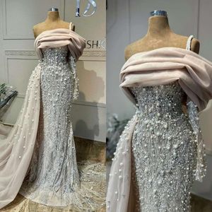 Pearls Mermaid Evening Elegant Sequins Crystal Long Sleeves Formal Party Prom Dress Pleats Sweep Train Dresses For Special Ocn 0515