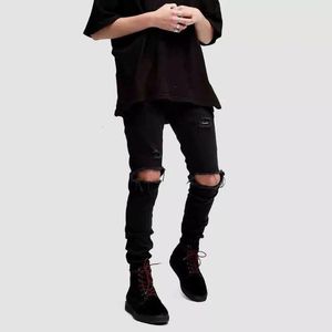 Spring Autumn Black Jeans Men Knee Ripped Hole Street Trendy Street Slim Stretch Skinny Male Denim Streetwear 240513