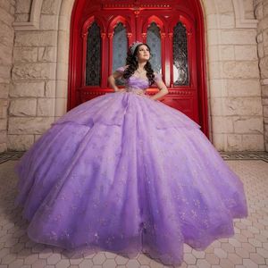 Lavender Błyszczące sukienki Quinceanera Błyszczące luksusowe cekiny koraliki słodkie 16 -letnie Vestidos de 15 Anos Birthday Party Suknia