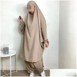 Abbigliamento etnico Ramadan eid Abayas musulmani per donne 2 pezzi Preghiere Abito Jilbab con pantaloni Abaya Set di abiti islamici lunghi khimar dhzdi