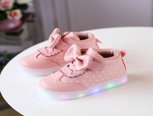 2018 Nya mönster Autumn and Winter Children Shoe Led Light Luminescence Girl Round Shoes Point Bow Baby Shoe9614647