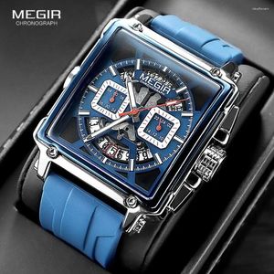 Armbandsur Megir Square Dial Sport Quartz Watch Men mode vattentätt lysande armbandsur med kronograf Datum Blue Silicone Strap 2233