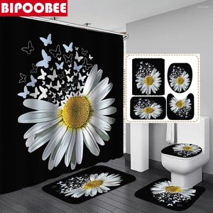 Shower Curtains White Butterfly Flower Bathroom With Hooks Sunflower Curtain Set Black Toilet Cover Non-slip Floor Mat Bath Rugs