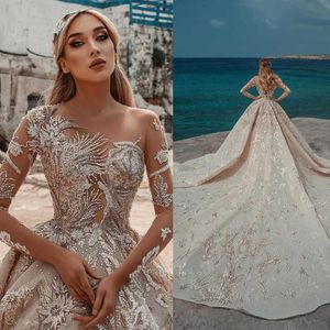 Luxury Ball Gown Wedding Dresses 3D Appliques Sequins Lace Beads Sleeves Illusion Backless Pleat Chapel Gown Custom Made Bridal Plus Size Vestidos De Novia
