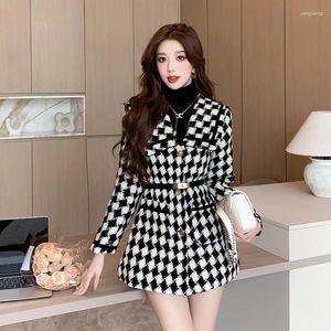 Damenjacken hochwertige Herbst -Winterdame Single Breace Wolljacke Coat Frauen Vintagee Plaid Tweed Houndstooth Overtock