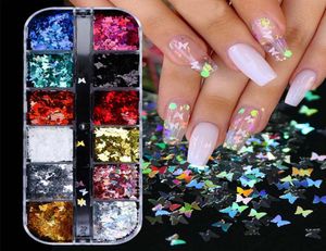 12 i 1 Set 3D Butterfly Slice Nail Paljetter Flingor holografiska iriserande glitter nagelkonstdekoration Färgglad manikyr CH15588324089