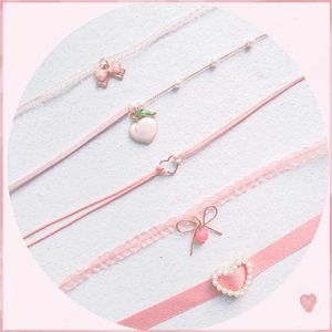 Chokers Womens Fashion Necklace Cute Pink Lace Pearl Heart Pendant Short Kravik Necklace Fashion Jewelry Gift d240514