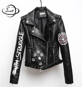YAUAMDB women faux leather jacket 2018 spring autumn pu SXL female coat hip hop clothing ladies print motorcycle outerwear y1116054748