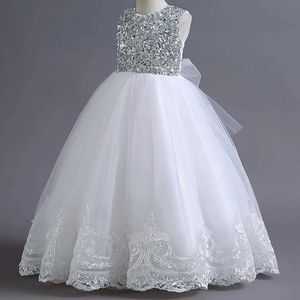 Mädchenkleider Mädchen schlaflosen Hochzeitskleid Kinderkleidung Kleidung Perle Diamond Party Spitze schiere Prinzessin Geburtstagskleid D240515