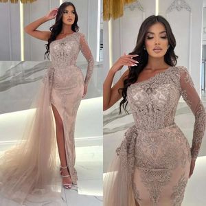 Elegant Champagne Mermaid Evening Dresses One Shoulder Beads Lace Party Prom Split Long Dress For Special Ocn 0515