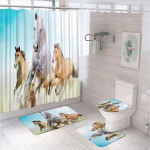 Duschvorhänge Pferde laufen Vorhangsets mit rutschfestem Teppich Toilettendeckel Badematte Tierkunst Stoff Badezimmer 12 Haken