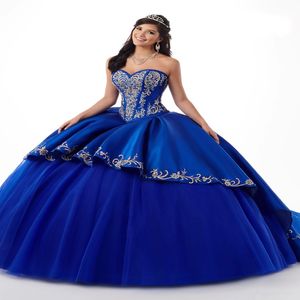 Royal Blue Burgundy Quinceanera 드레스 골드 자수 구슬 소인 새틴 볼 가운 무도회 층 파티 스위트 16 드레스 240y