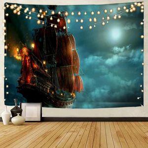 Tapisserier Ocean Nautical Landscape Decorative Tapestry Pirate Ship Warship Home Bakgrund