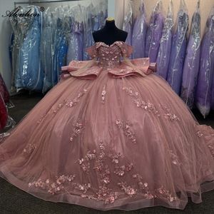 Beauty Flowers Prints Pink Sweetheart Puffy Ball Gown Quinceanera Dresses Off Shoulder Sleeves Beading Appliques Tiered Train Evening Dresses Party Gowns