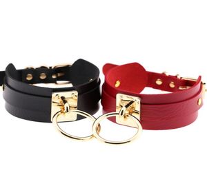 Gotiska smycken dubbelskikt PU -läder Choker -halsband för kvinnor Guld oring punk rock justerbar svart krage choker cosplay mult8033202