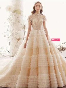 Partykleider Prinzessin einzigartige Hochhochzeit Kurzärmel Spitzen Tüllkleid