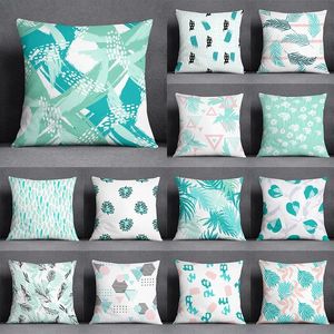 Kudde Abstract Summer Fresh Mint Feather Blue and Green Pattern Series Bedroom Soffa Car Seat Cover Pudow Case 45cm