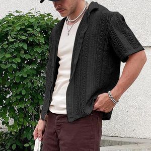 Men's Casual Shirts Knit Cardigan Summer Cool Hollow Short Sleeve Shirt Solid Color Business Formal Wear