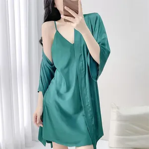 Roupa em casa Casual 2pcs kimono túnio de vestes de dormir feminino cetim cetim linger íntima verão verão sexy robe de banheira vestido de banho caseira