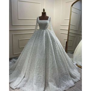 Stunning Crystal Ball Gown Dress For Bride Square Long Sleeves Wedding Dresses Sweep Train Ruffle Designer Bridal Gowns 0515 0516
