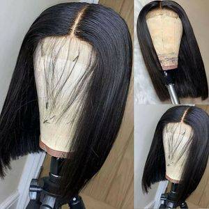 Großhandel 12A hitzebeständiger kurzer Bob -Stil Spitzenfront Perücke Synthetic für schwarze Frauen handgebundene vorgezogene natürliche Haaranlage 14 Zoll