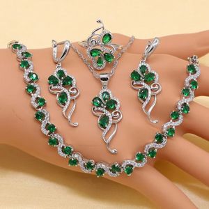 925 Sterling Silver Green Stones Cubic Zirconia Jewelry Sets For Women EarringsPendantNecklaceRingBracelet 240514