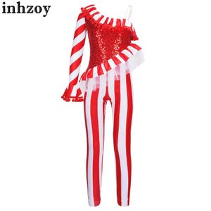 Cosplay çocuk kızlar Noel bodysuit One omuz payetleri şerit şeker kamışı Unitard tulum Noelleri Karnaval Partisi Performans Dancewearl2405