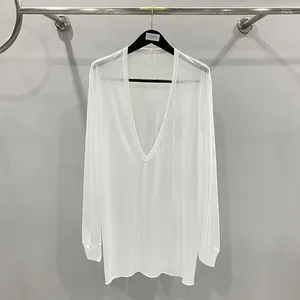 メンズTシャツルーズカジュアルダークディープVネックの薄い布の編み底の黒と白の長袖ソリッドカラーTシャツ