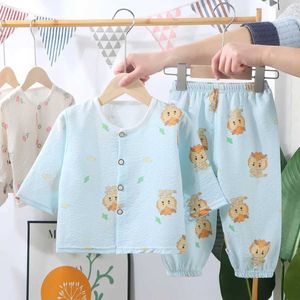 Pyjamas New 2024 Childrens Summer Thin Pyjama Set For Boys and Girls Cartoon Long Sleeved Cotton Linen Shirt Top+Pants Preschool Baby Casual Clothing D240515