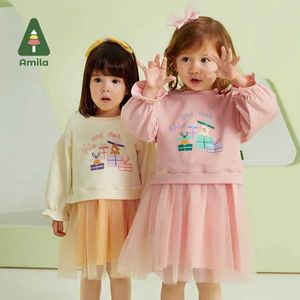 Conjuntos de roupas Amila vestido de menina de bebê 2023 Spring New Casual Sweetshirt vestidos de duas peças Conjunto de roupas de 0 a 6 anos de algodão