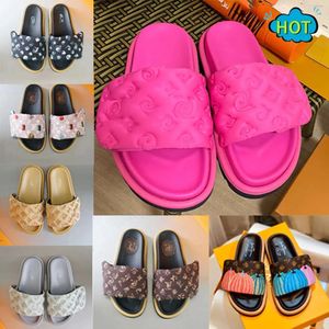 Pool Pillow Slides Designer Sandals Women Men Sliders Slippers Fashion Classic Prints Embossed Flat Comfort Mules Summer Black Fuchsia Grey Beach Shoes