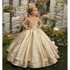 Gold Flower Girl Dress Princess Illusion Sleeve With Bow Buttons Luscious Skirt Birthday Wedding Party Kids Bridesmaid 0515