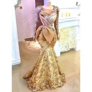 Gold Aso Ebi Mermaid Evening Dresses Long Sleeves Sheer Neck Sweep Train Plus Size Floral Lace Prom Party Gowns For Arabic Women 2022 C 191f