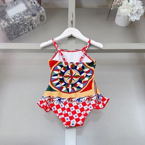 Sommar nya flickor Sling One Piece Swimming Suit Lace Fashion Print Swimsuit Fashion Swime Kids Bekväma andningsbara Bikinis CSD2405154