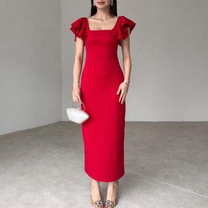 Kare boyun kılıfı gece elbise uzun balo elbisesi kırmızı krep resmi parti elbisesi kadınlar için