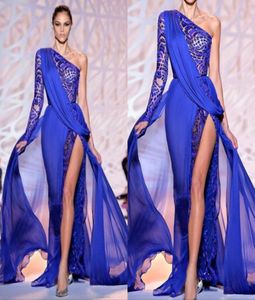 Underbara balklänningar en axel långärmad kungblå hög sida delad tävling kväll festklänningar formella slitage1215487