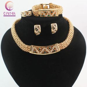 Colar Novo colar de pingente de cristal de ouro de 18k Brincos de pingente de cristal Brincos de pulseira de jóias de jóias de jóias para festas Jóias de luxo