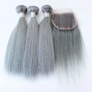 Wefts 3st hår med stängning av mänskligt hår grå brasiliansk rak silvergrå hårförlängningar grå vävbuntar med stängning i lager