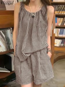ZANZEA Women 2pcs Short Sets Vintage Sleeveless Tops Outfits Casual Elastic Waist Pocket Short Suit Summer Plaid Print Sets 240508