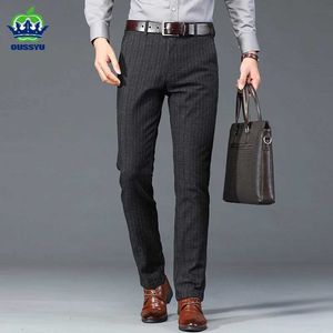 Men's Pants 2024 Mens Spring Autumn Business Long Stripe Suit Pants Male Elastic Straight Fashion Casual Formal Trousers Plus Size 30-40 Y240514