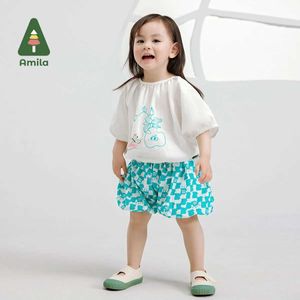 Kleidungssets Amila 2024 Sommer Neues Mädchen Outfit Puffy Sleeve Feste Farbgedruckte Top + Plaid Shorts Baumwolle 2 Stück Setl2405