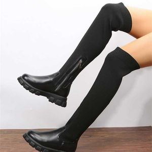 Chick Winterstiefel dicker runder Kopf gestrickter elastischer Wolle Lange Stiefel für Frauen 221102