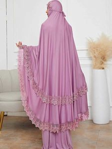 Ethnic Clothing Ramadan Long Khimar Muslim Abaya Women Prayer Garment Saudi Prayer Dress Lace Trim Silky 2 Piece Skirt Sets Eid Niqab jilbab T240515